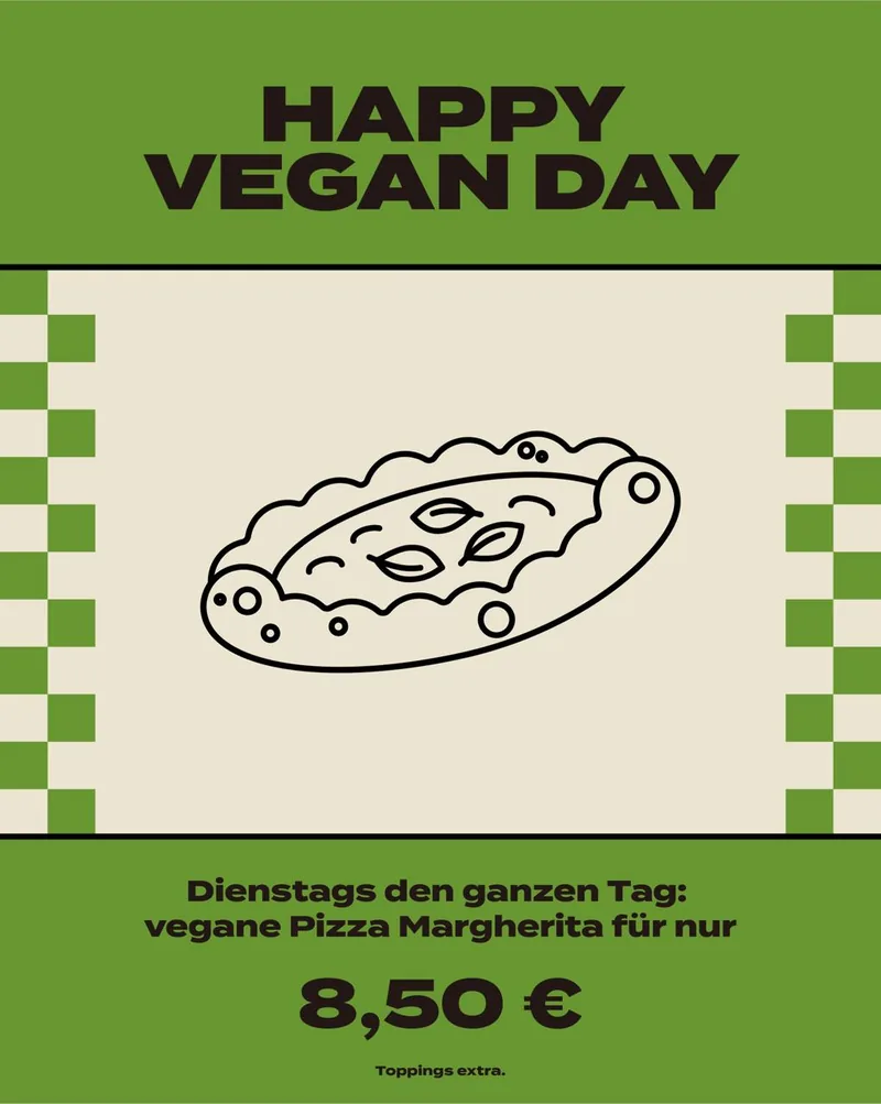 Flyer Happy Vegan Day bei Lausbub Nürnberg: dienstags den ganzen Tag vegane Pizza Margherita für nur 8,50&nbsp;€, Toppings extra