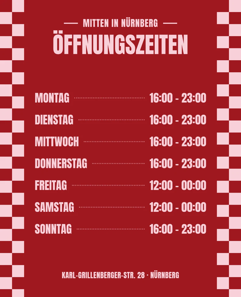 Öffnungszeiten-Flyer: Mo–Do & So 16–23 Uhr, Fr & Sa 12–00 Uhr