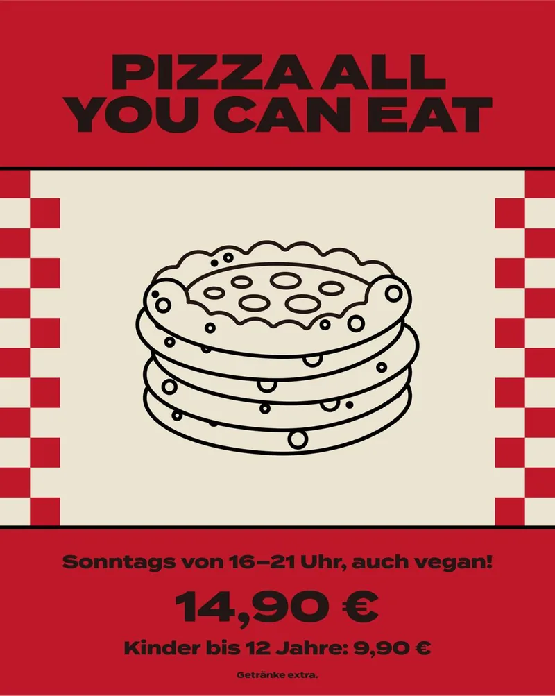 Flyer Pizza All you can eat bei Lausbub Nürnberg: sonntags von 16 bis 21 Uhr, auch vegan, 14,90&nbsp;€, Kinder bis 12 Jahre 9,90&nbsp;€, Getränke extra