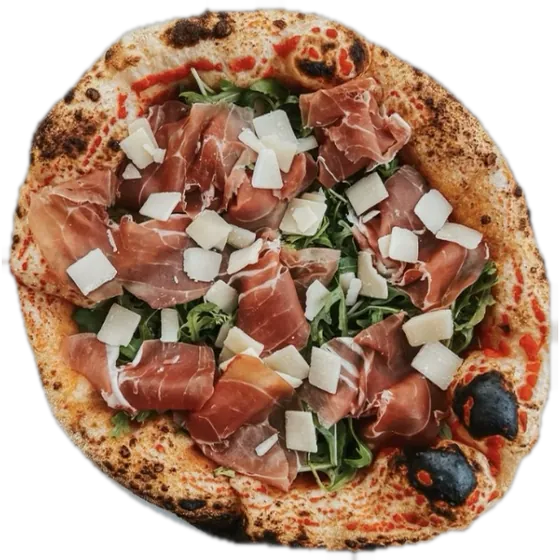 Pizza mit Parmaschinken und Rucola